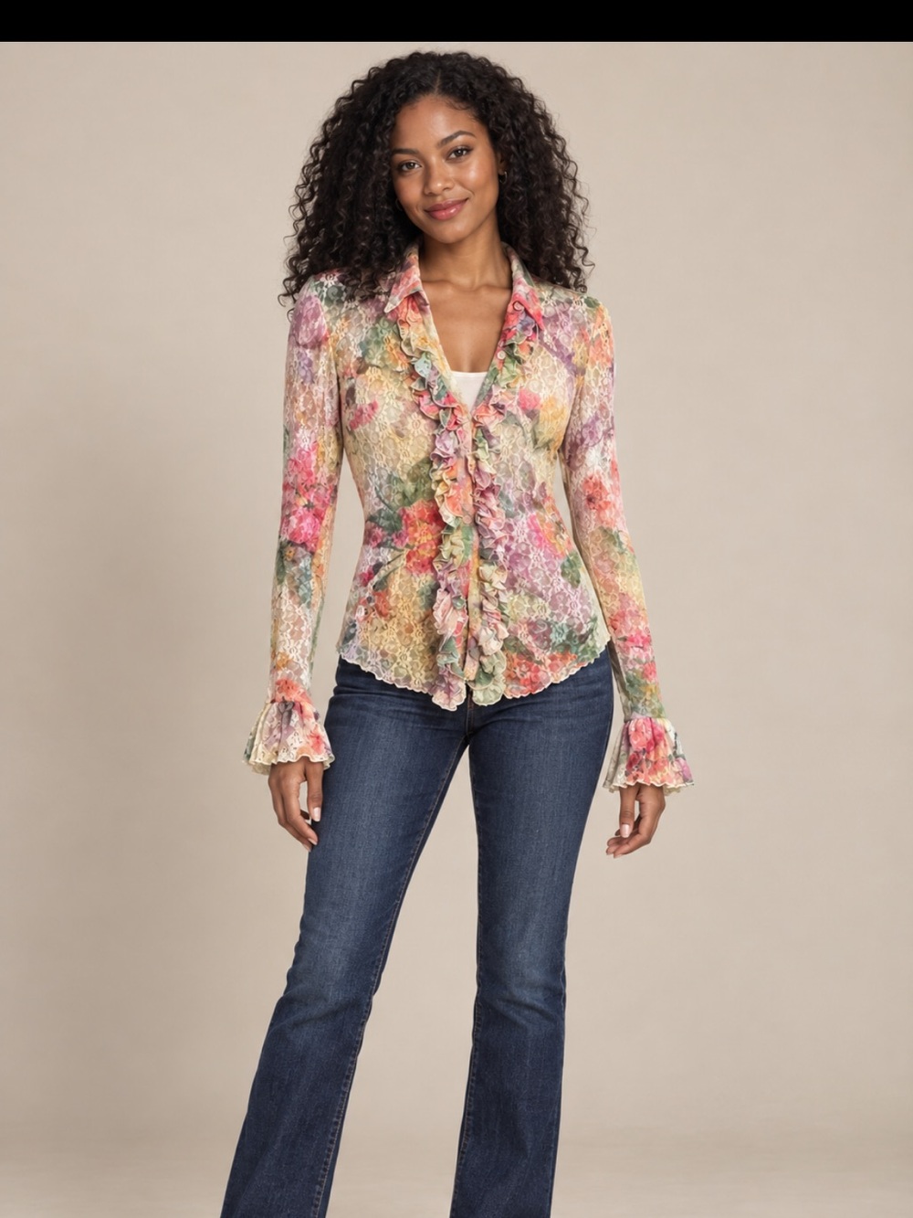 Vintage Cache Floral Lace Ruffle Blouse - Pink, Green, Yellow